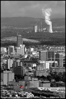 Blick von Frankfurt über Offenbach aufs Großkraftwerk Staudinger